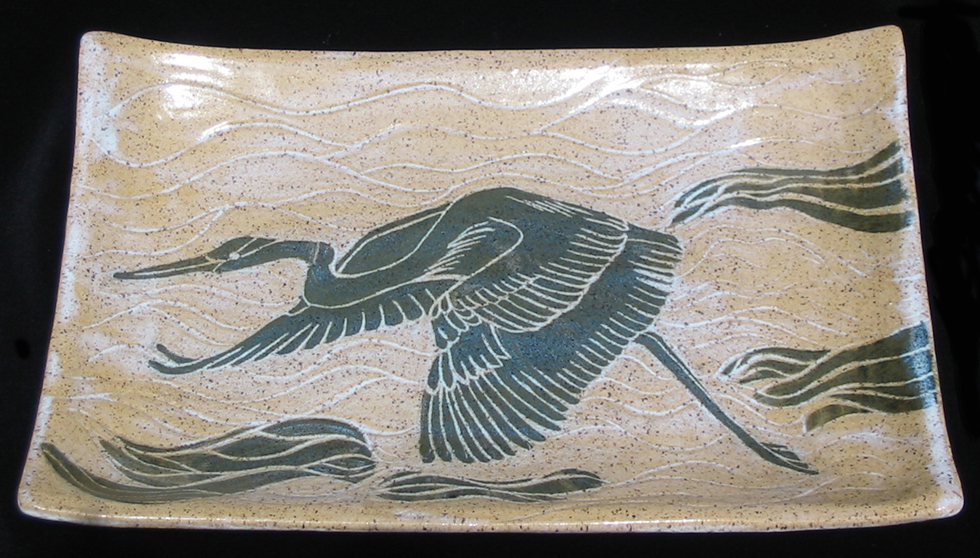 Hand Built and Hand Carved glazed stoneware from the Frog Song Designs crane series.