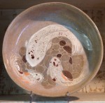 Stoneware bowl, sgraffito carved koi design