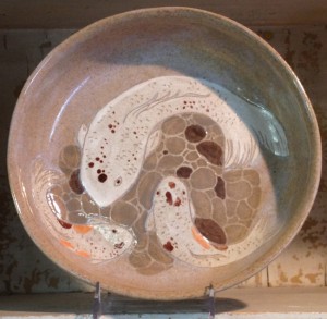 Stoneware bowl, sgraffito carved koi design