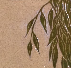 Stoneware tile, sgraffito carved willow design