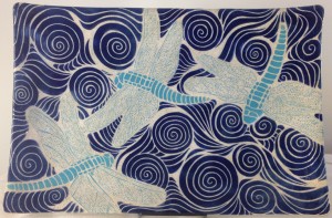 Stoneware platter, sgraffito carved dragonflies design