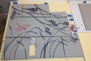Backsplash tiles, sgraffito carving process