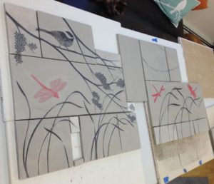 Backsplash tiles, sgraffito carving process