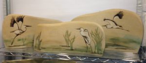 Stoneware tiles, free-standing, sgraffito carved