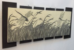 Ceramic wall tile, sgraffito carved dragonflies & grasses design