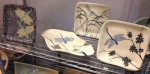 Ceramic plates, bowl with sgraffito dragonfly design