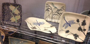 Ceramic plates, bowl with sgraffito dragonfly design
