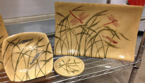 Stoneware platter & bowl, sgraffito dragonflies & grasses