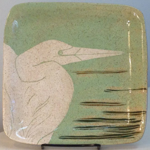Square stoneware plate with sgraffito carved egret