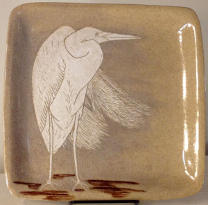 Square stoneware plate with sgraffito carved great egret motif