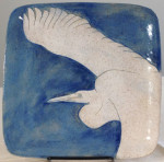 Square stoneware plate with sgraffito carved egret design
