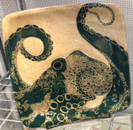 Stoneware plate, sgraffito octopus design
