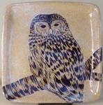 Square stoneware plate with sgraffito carved barred owl motif