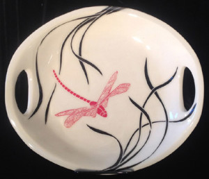 Stoneware platter, sgraffito dragonfly, grasses