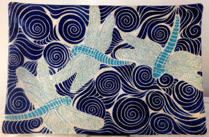 Stoneware platter, sgraffito carved dragonfly motif
