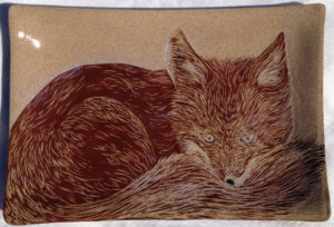 Ceramic platter, sgraffito carved red fox design