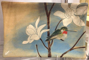 Ceramic platter, sgraffito hummingbird design