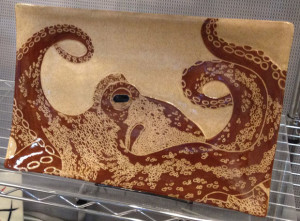 Stoneware platter, sgraffito octopus