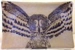Stoneware platter, sgraffito carved great grey owl design