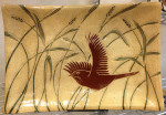Stoneware platter, sgraffito carved wren and grasses motif
