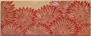 Stoneware wall tile, sgraffito carved mums motif