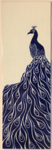 Stoneware wall tile, sgraffito carved peacock motif