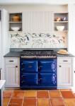 Ceramic backsplash with sgraffito dragonfly and chickadees design