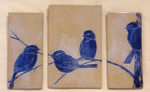 Stoneware triptych tiles, sgraffito carved chickadee motif