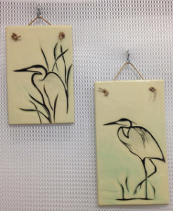 Ceramic tiles, sgraffito heron design
