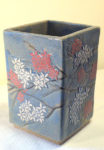Square stoneware vase, sgraffito blossoms design