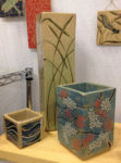 Square stoneware vases, sgraffito blossoms and grasses