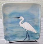 Ceramic plate, sgraffito carved egret design