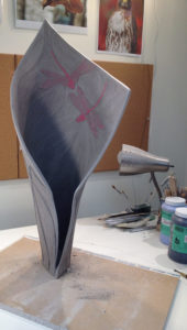 Sculpture in progress; dragonfly theme, sgraffito on stoneware