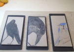 Decorative tiles, work in progress; ravens, bluejay; sgraffito on stoneware