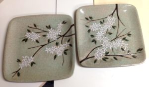 Blossoms plates, sgraffito carved stoneware
