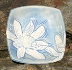 Square stoneware bowl, sgraffito carved magnolia design
