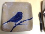 Chickadee plate, sgraffito carved stoneware
