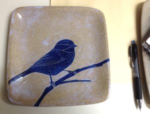 Chickadee plate, sgraffito carved stoneware