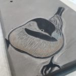 Work in progress, sgraffito chickadee tile