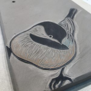 Work in progress, sgraffito chickadee tile