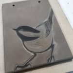 Work in progress, sgraffito chickadee tile