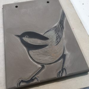 Work in progress, sgraffito chickadee tile