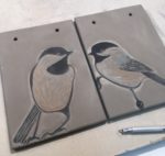 Work in progress, sgraffito chickadee tile