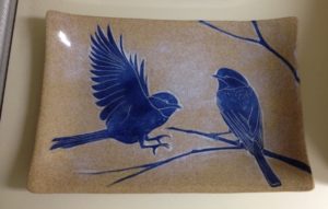Chickadee platter, sgraffito carved stoneware