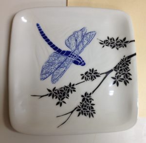 Dragonfly plate, sgraffito carved stoneware