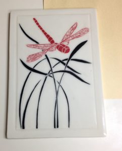 Dragonfly tile, sgraffito carved stoneware