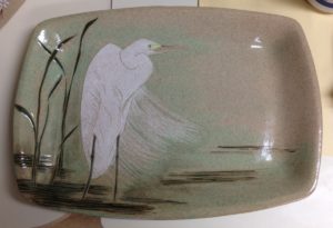 Egret platter, sgraffito carved stoneware