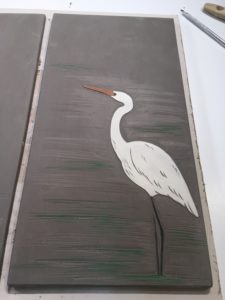 Work in process, sgraffito carved egret tile
