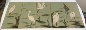 Ceramic tiles, sgraffito carved egret designs