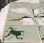 Ceramic tiles, sgraffito carved frog & heron